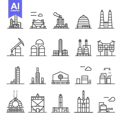 Set of Industrial Buildings and Structures Icons in Line Style