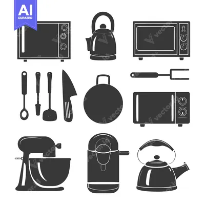 Set of Kitchen Appliances and Utensils in Black Silhouettes