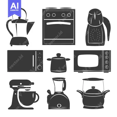 Set of Kitchen Appliances Silhouette Icons in Black and White