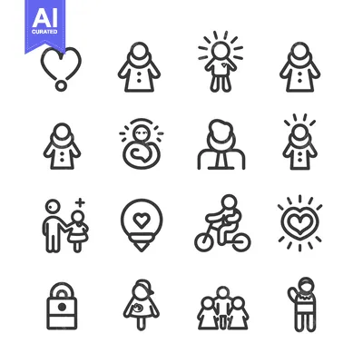 Set of Linear Icons Related to Love, Happiness, Family, and Life