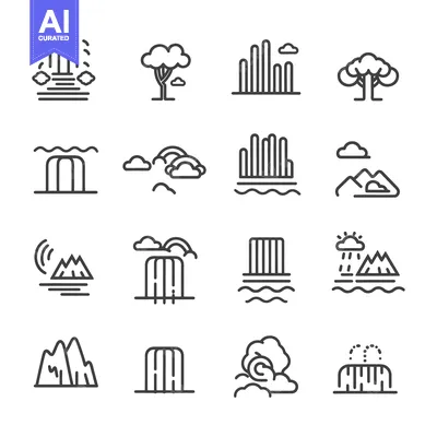 Premium design asset: Set of Linear Icons Representing Waterfalls, Trees, Mountains, and Clo