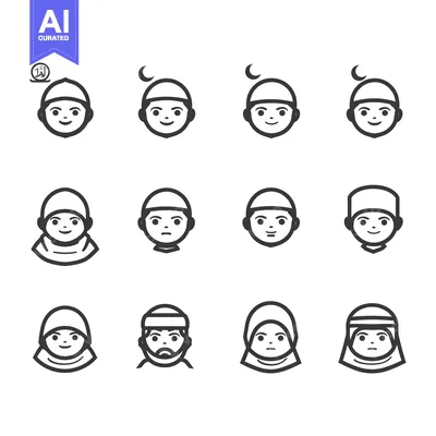 Premium design asset: Set of Line Art Icons Depicting Muslim People in Various Headscarves a