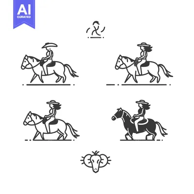 Set of Line Art Illustrations Depicting Women Riding Horses