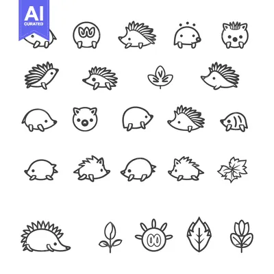 Set of Line Art Illustrations of Hedgehogs and Leaves