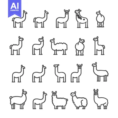 Aset desain premium: Set of Line Art Llama Icons in Various Poses