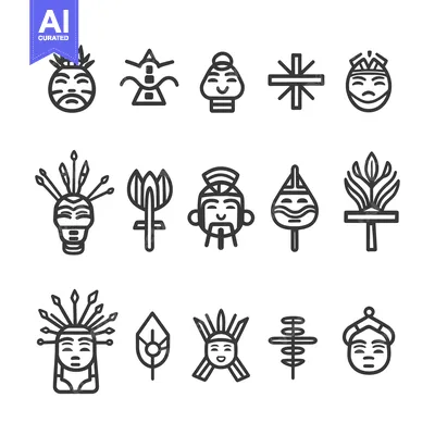 Aset premium populer: Set of Line Art Tribal Masks and Symbols