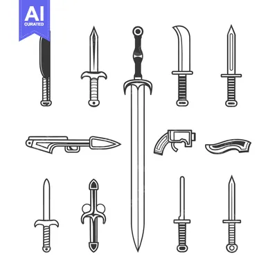 Set of Line Art Weapon Icons Including Swords, Knives, and Guns