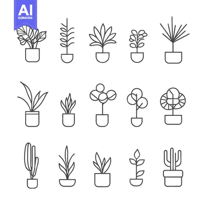 Aset desain premium: Set of Line Drawings of Potted Plants