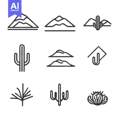 Aset desain premium: Set of Line Icons Depicting Cacti and Desert Landscapes