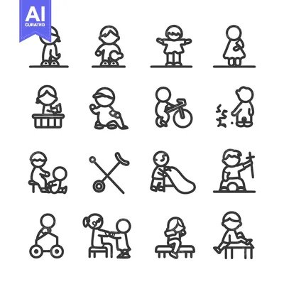 Aset desain premium: Set of Line Icons Depicting Children Engaging in Various Activities