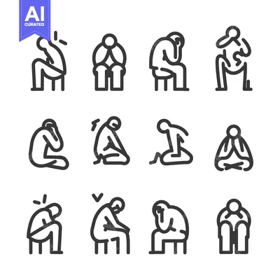Set of Line Icons Depicting Different Depressed Poses