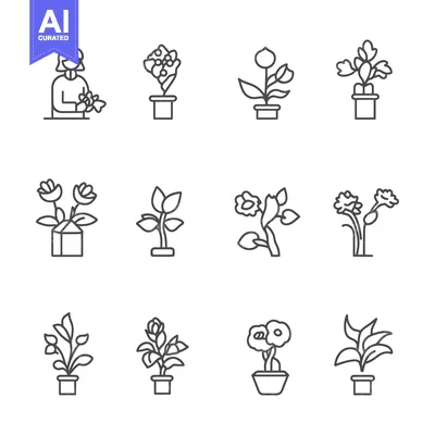 Aset desain premium: Set of Line Icons Depicting Flowers and Plants in Pots