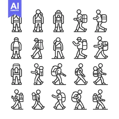 Aset desain premium: Set of Line Icons Depicting Hikers with Backpacks
