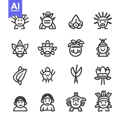 Aset premium populer: Set of Line Icons Depicting Indigenous Peoples and Their Culture