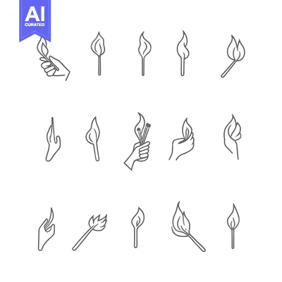 Aset desain premium: Set of Line Icons Depicting Lit Matches Held by Hands