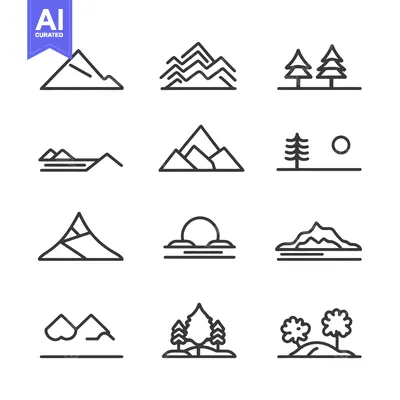 Aset premium populer: Set of Line Icons Depicting Mountains, Trees, and Landscapes