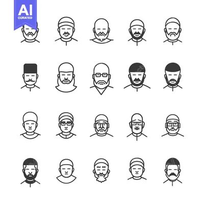 Aset desain premium: Set of Line Icons Depicting Muslim Men with Various Facial Features an