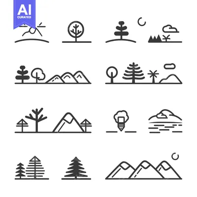 Aset premium populer: Set of Line Icons Depicting Nature Scenes with Mountains, Trees, and S