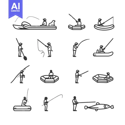 Set of Line Icons Depicting People Fishing in Various Ways