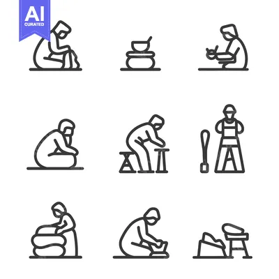 Set of Line Icons Depicting People in Various Stages of Pottery Making