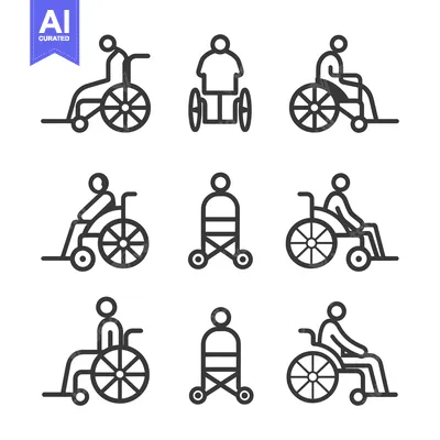 Aset desain premium: Set of Line Icons Depicting People in Wheelchairs and with Walkers