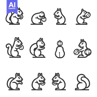 Set of Line Icons Depicting Squirrels in Various Poses Holding Nuts