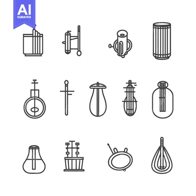 Set of Line Icons Depicting Traditional Musical Instruments