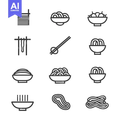 Set of Line Icons Depicting Various Noodle Dishes