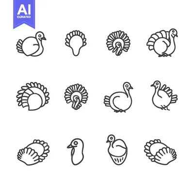 Aset premium populer: Set of Line Icons Depicting Various Representations of Turkeys