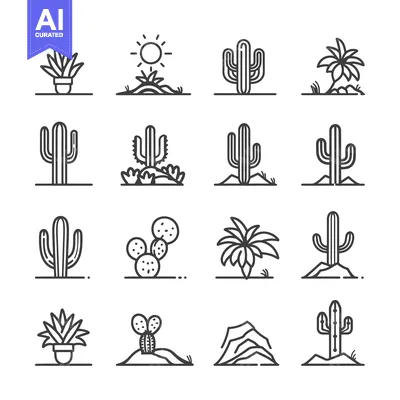 Set of Line Icons Depicting Various Types of Cacti and Desert Plants