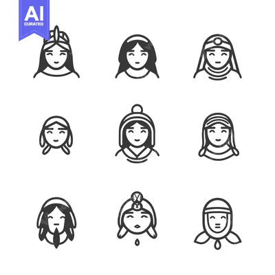 Set of Line Icons Depicting Women in Traditional Headwear