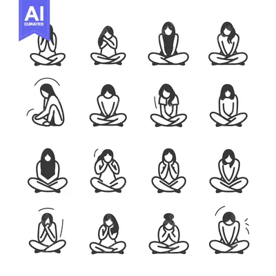 Premium design asset: Set of Line Icons Depicting Women Sitting in Yoga Pose with Various Ha