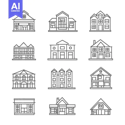 Popular premium asset: Set of Line Icons Featuring Various Building Facades