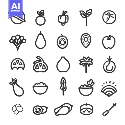 Set of Line Icons Featuring Various Fruits, Vegetables, and Plants
