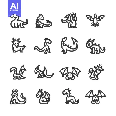 Set of Line Icons Illustrating Various Dragon Styles