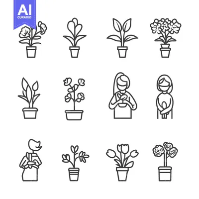 Premium design asset: Set of Line Icons of Potted Plants and Women Holding Plants