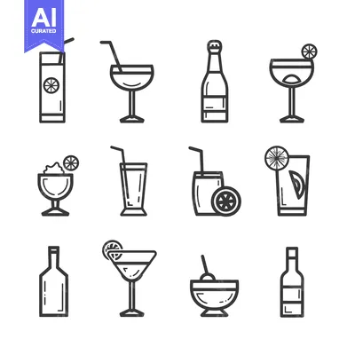 Aset desain premium: Set of Line Icons of Various Drinks and Bottles