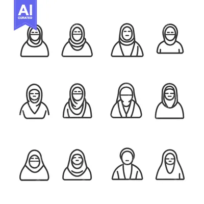 Aset desain premium: Set of  Line Icons of Women Wearing Hijabs