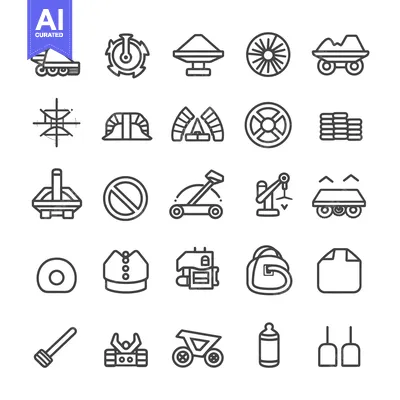 Set of Line Icons Related to Construction, Machinery and Tools