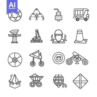 Aset premium populer: Set of Line Icons Related to Construction, Mining, and Industrial Work