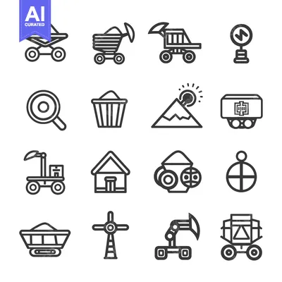 Set of Line Icons Related to Mining, Excavation, and Industry