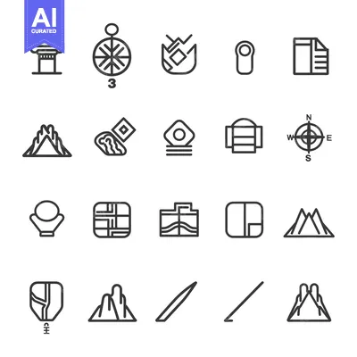 Aset desain premium: Set of line icons related to mountains and navigation