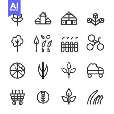 Aset desain premium: Set of Line Icons Related to Organic Farming and Agriculture