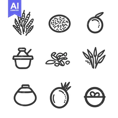 Aset desain premium: Set of Line Icons Related to Rice and Grains