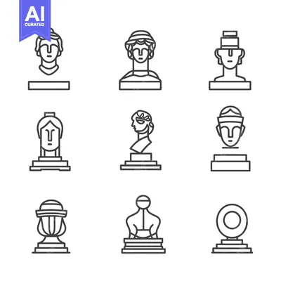 Aset desain premium: Set of Line Icons Representing Ancient Greek Statues and Busts