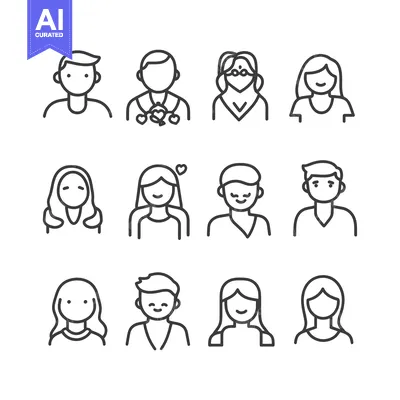 Aset premium populer: Set of line icons representing different people's faces