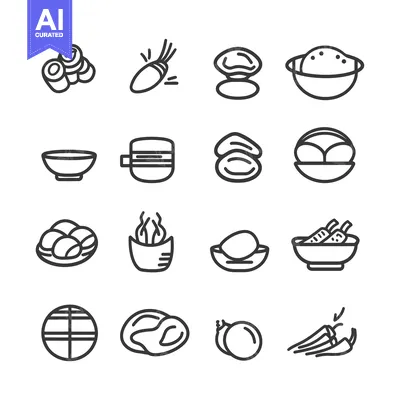 Set of Line Icons Representing Food and Kitchen Items
