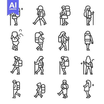 Aset premium populer: Set of Line Icons Representing Hikers with Backpacks and Trekking Pole