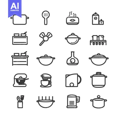 Set of Line Icons Representing Kitchen Utensils and Appliances