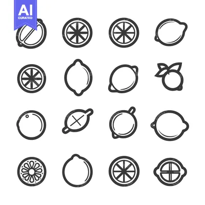 Aset desain premium: Set of Line Icons Representing Lemons in Various Positions and Slices